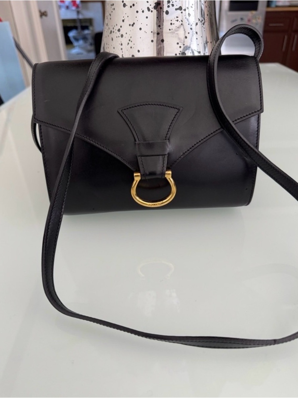 Vintage Celine Black Leather Crossbody Bag with Horse Bit Gold Ring Accent - Picture 2 of 6